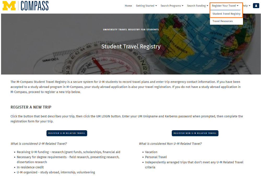 Student Travel Registry page